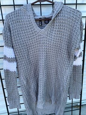 Ultra Flirt Gray V-Neck Hooded Sweater with White Sleeve Stripes